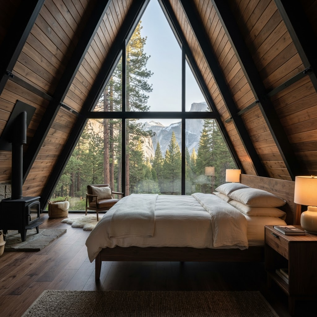 Triangular window framing the forest view
