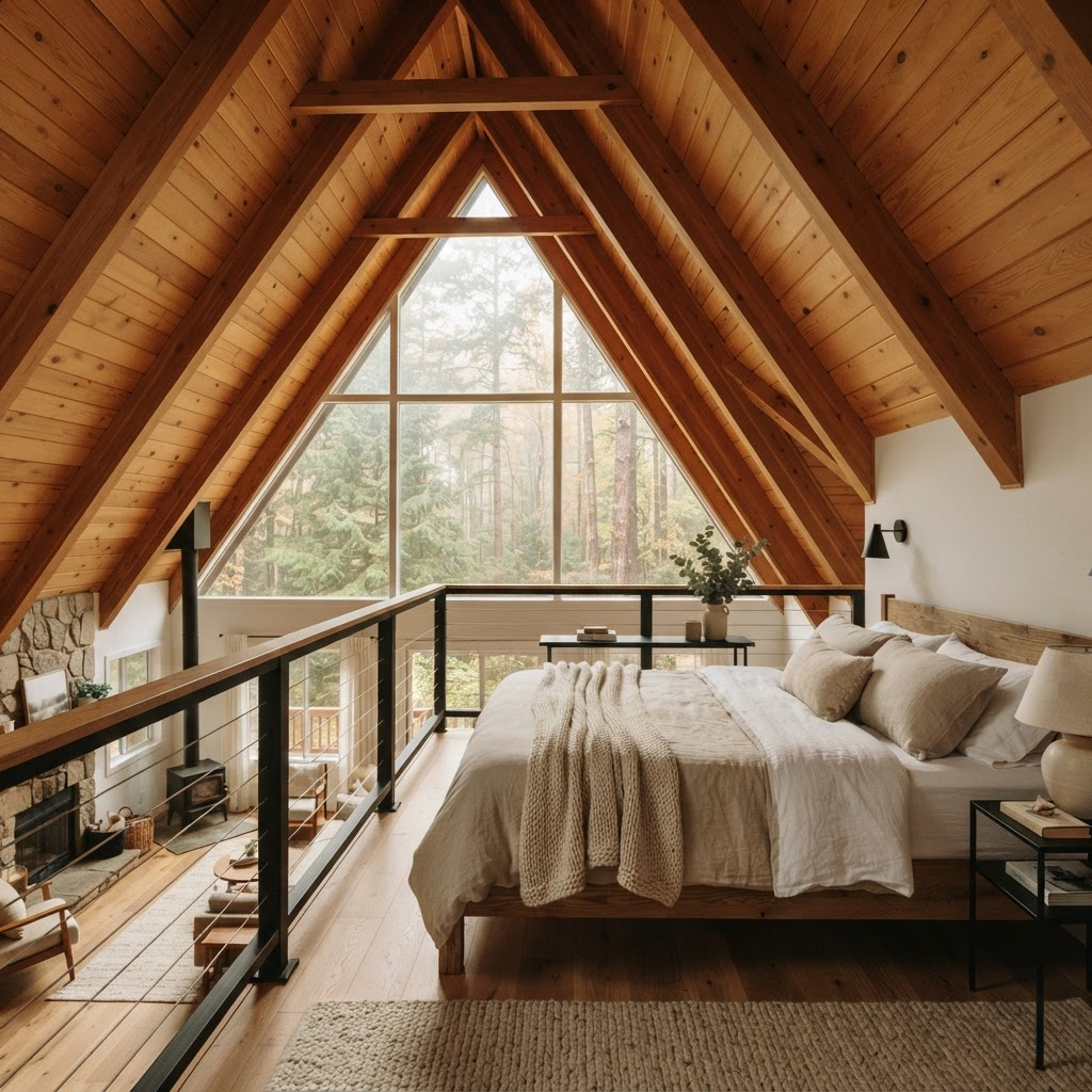 Loft bedroom overlooking the living area