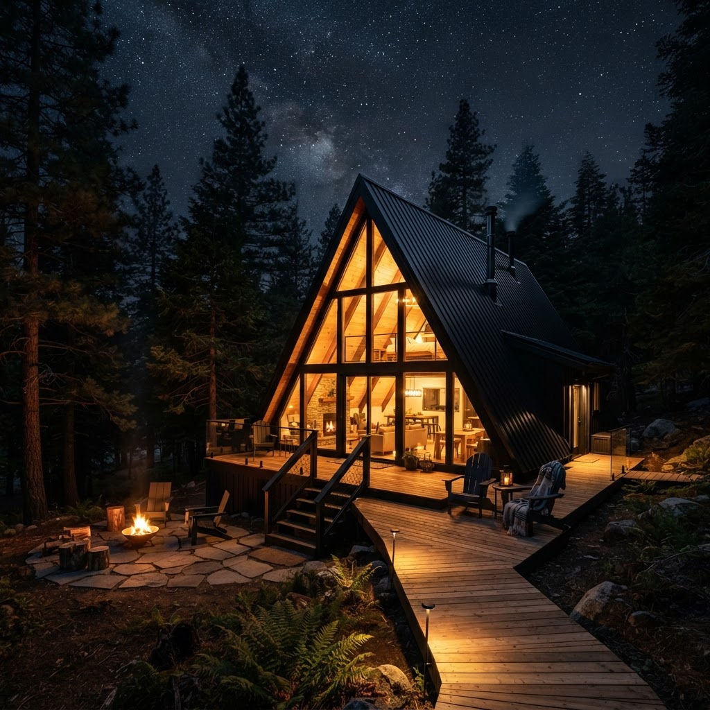 A-frame cabin glowing at night