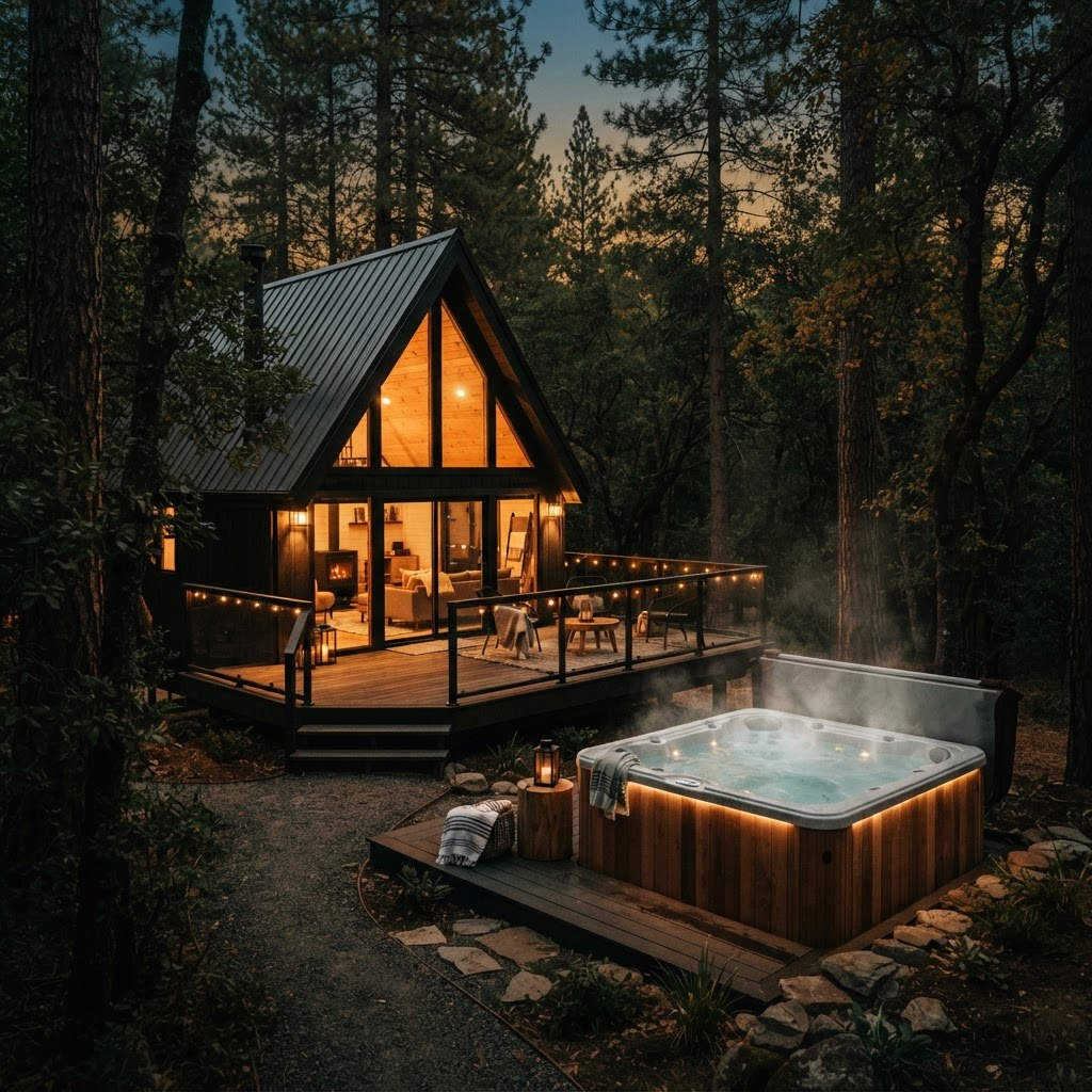 Private hot tub beside a cabin deck