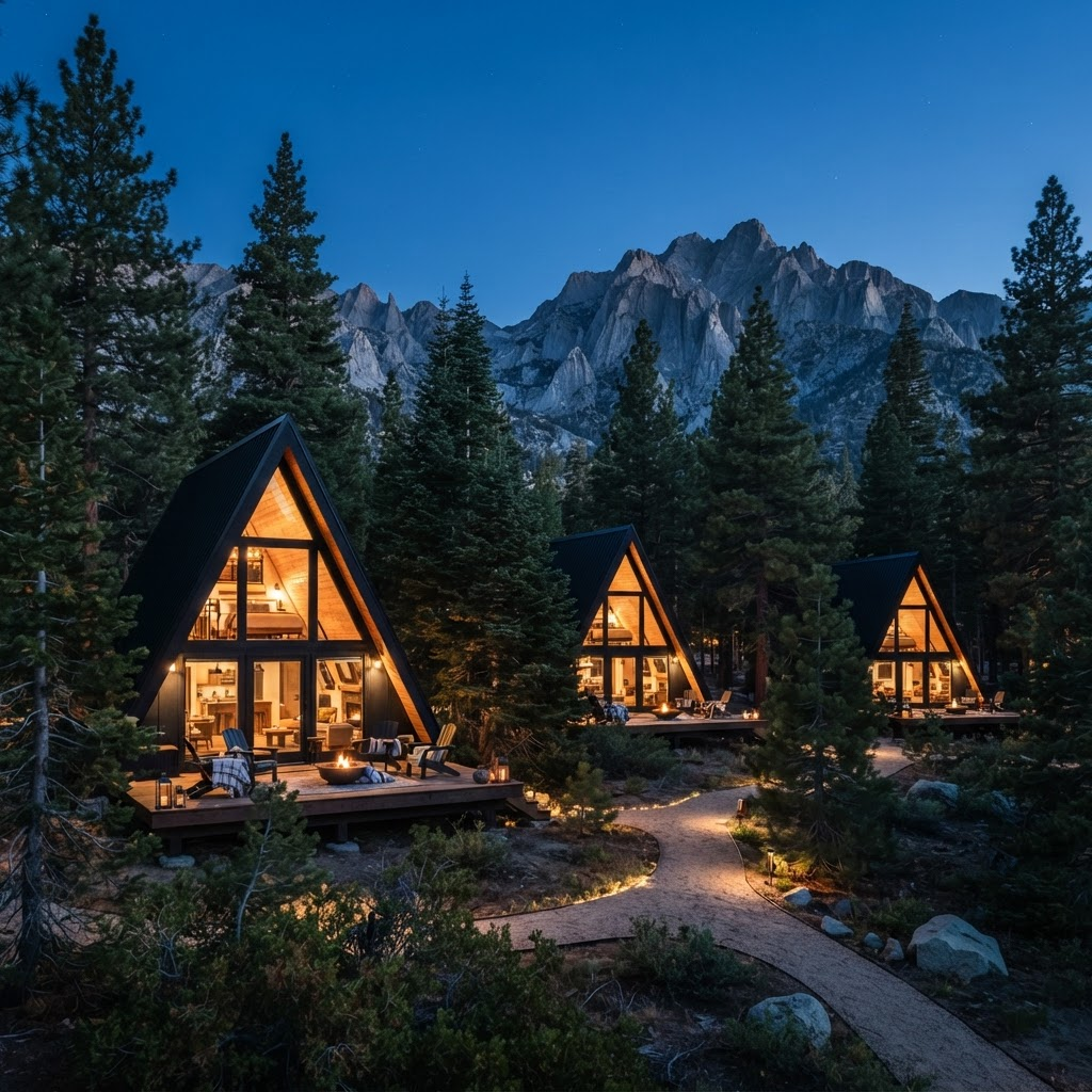 Multiple matching A-frame cabins in a resort setting