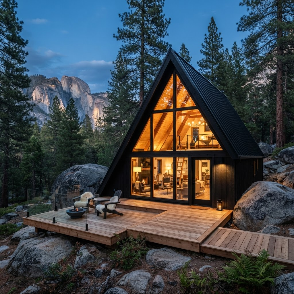 Cabin framed by Sierra mountain views