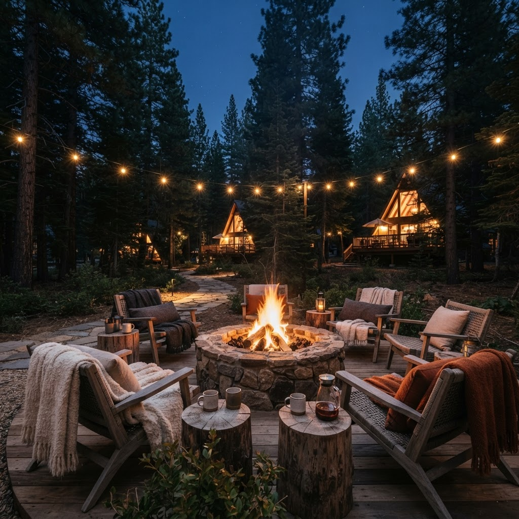 Central fire-pit lounge at dusk