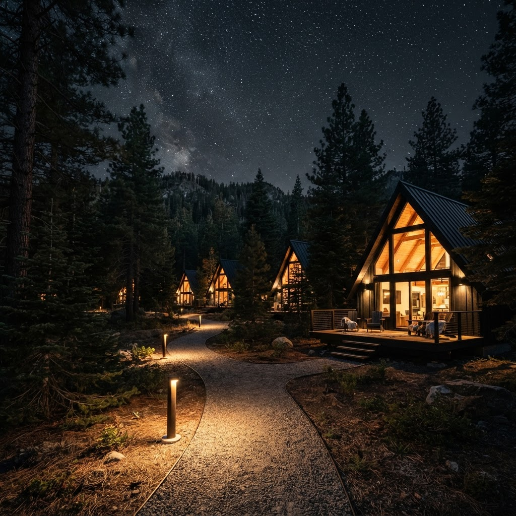 Lit walking paths between cabins at night