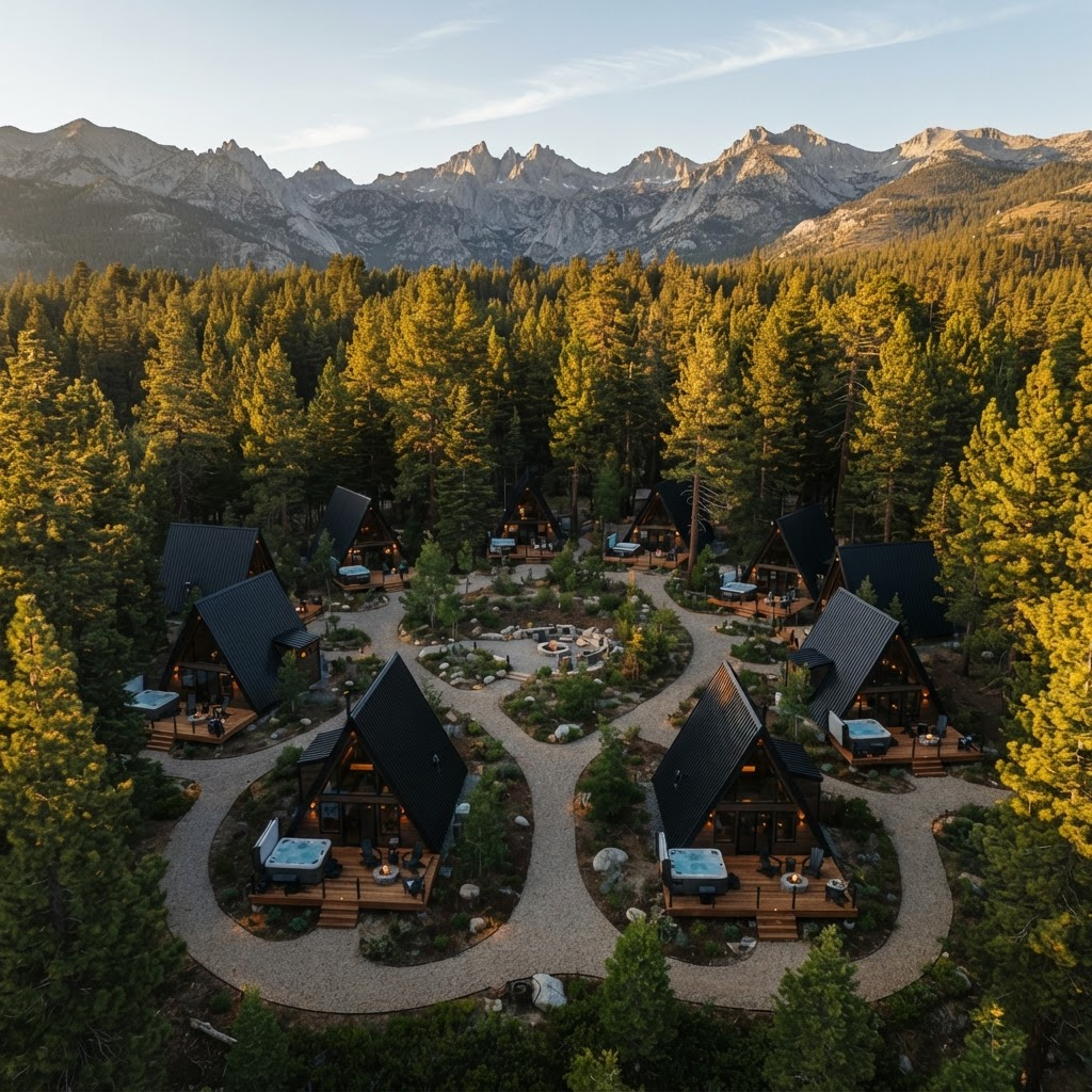 Aerial view of the concept resort cabins in the forest