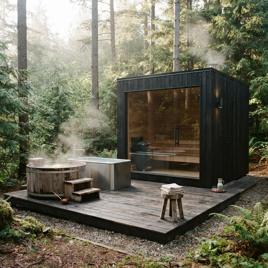 Outdoor sauna and cold plunge wellness area